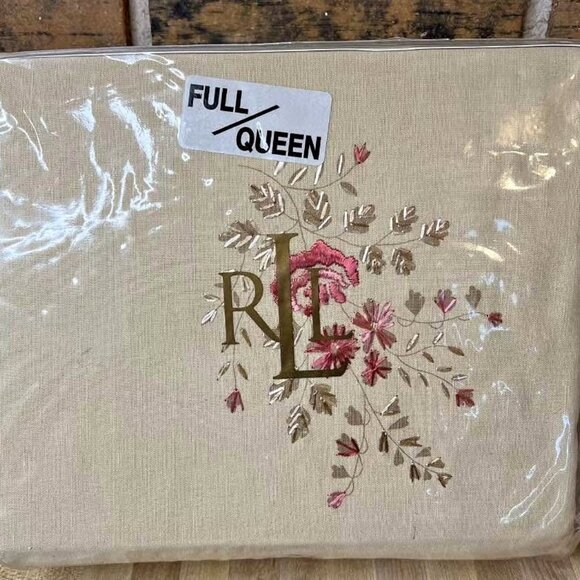 Ralph Lauren Queen/Full Duvet/Comforter Cover Prairie Plains Tan Embroid Floral